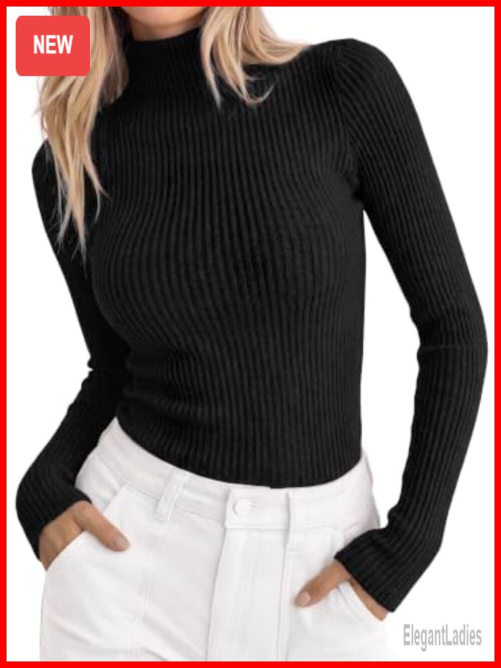 Mock Turtleneck Ribbed Knit Long Sleeve Top